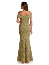 Sexy Off Shoulder Mermaid Long Satin Floral Formal Dresses For Women