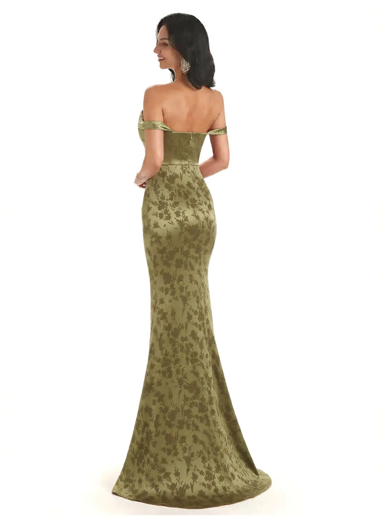 Trendy Off Shoulder Mermaid Floral Satin Maxi Floral Evening Formal Dresses