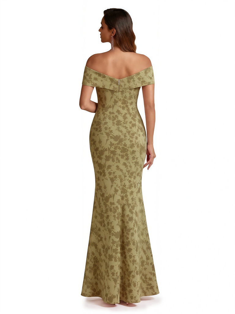 Sexy Off Shoulder Mermaid Long Satin Floral Formal Dresses For Women