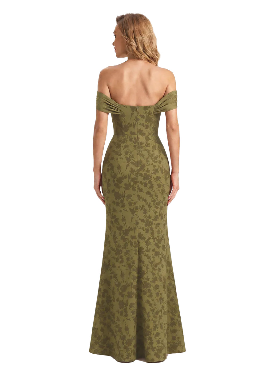 Trendy Off Shoulder Side Slit Mermaid Long Satin Floral Formal Evening Dresses For Ladies