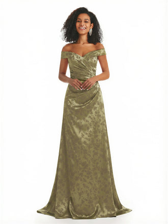 Trendy Off Shoulder A-Line Long Floral Satin Women Formal Evening Dresses