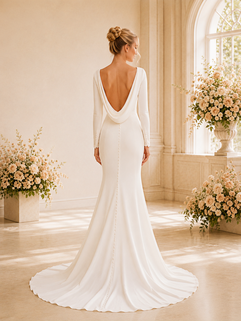 ChicSew Elegant Long Sleeves Mermaid Crepe Wedding Dresses With Cowl Back