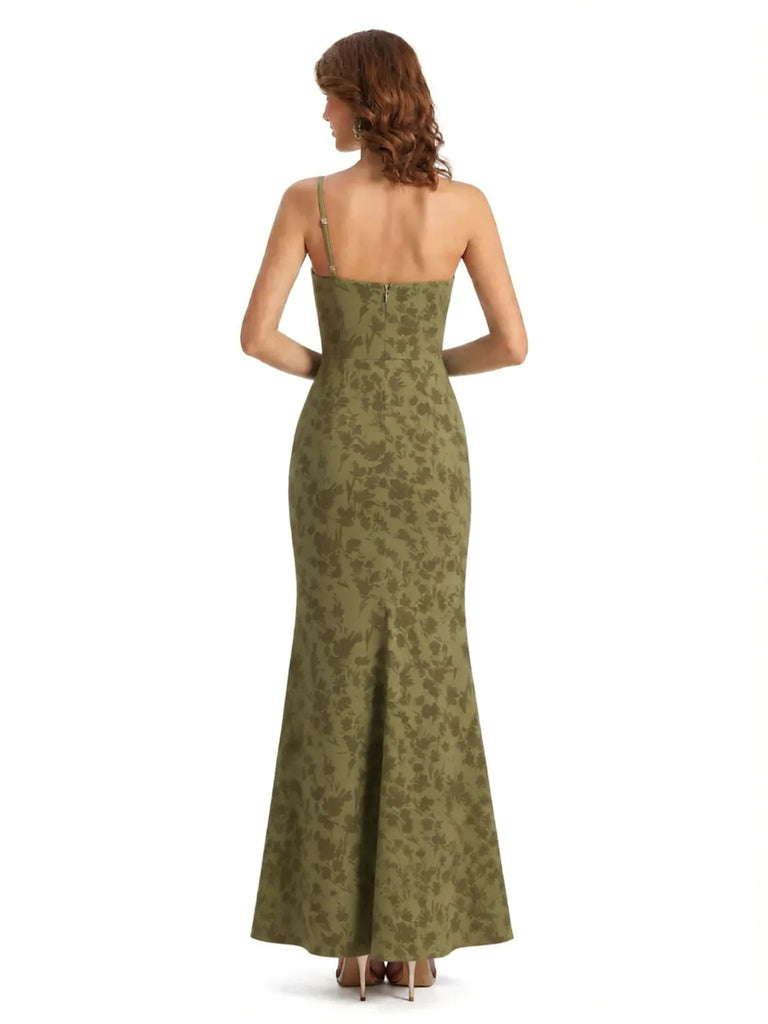 Simple One Shoulder Side Slit Sleeveless Mermaid Floral Satin Maxi Floral Formal Dresses For Women - ChicSew Simple One Shoulder Side Slit Sleeveless Mermaid Floral Satin Maxi Floral Formal Dresses For Women - ChicSew
