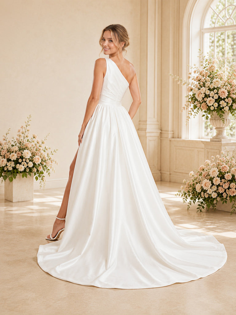 ChicSew Elegant A-line One Shoulder Ruching Satin Wedding Dresses With Side Slit