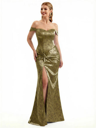 Beautiful Off Shoulder Side Slit Mermaid Floral Satin Maxi Floral Formal Dresses For Women