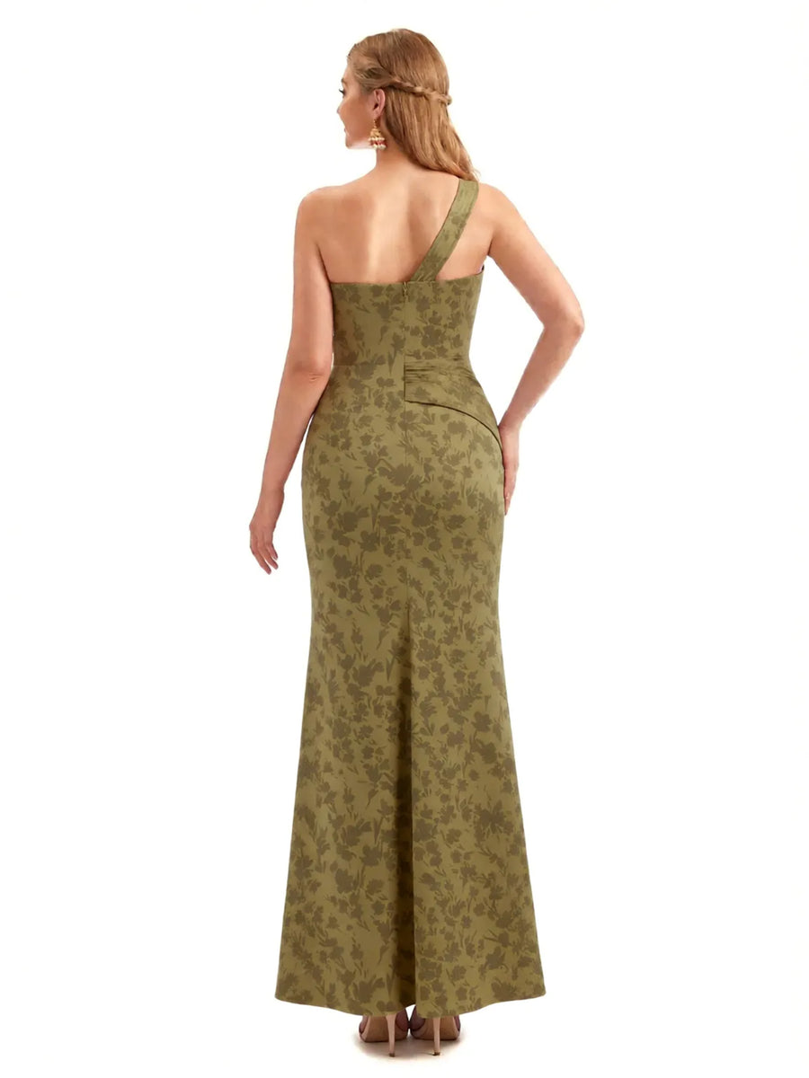 Beautiful One Shoulder Side Slit Mermaid Floral Satin Maxi Floral Formal Dresses For Women
