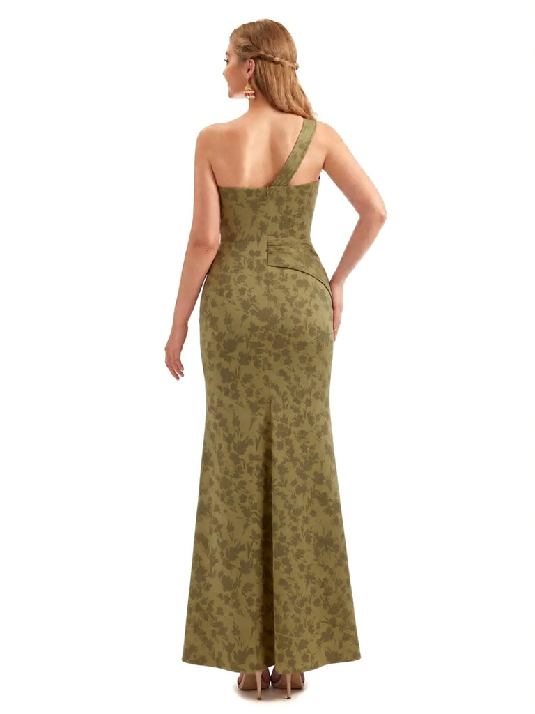 Beautiful One Shoulder Side Slit Mermaid Floral Satin Maxi Floral Formal Dresses For Women
