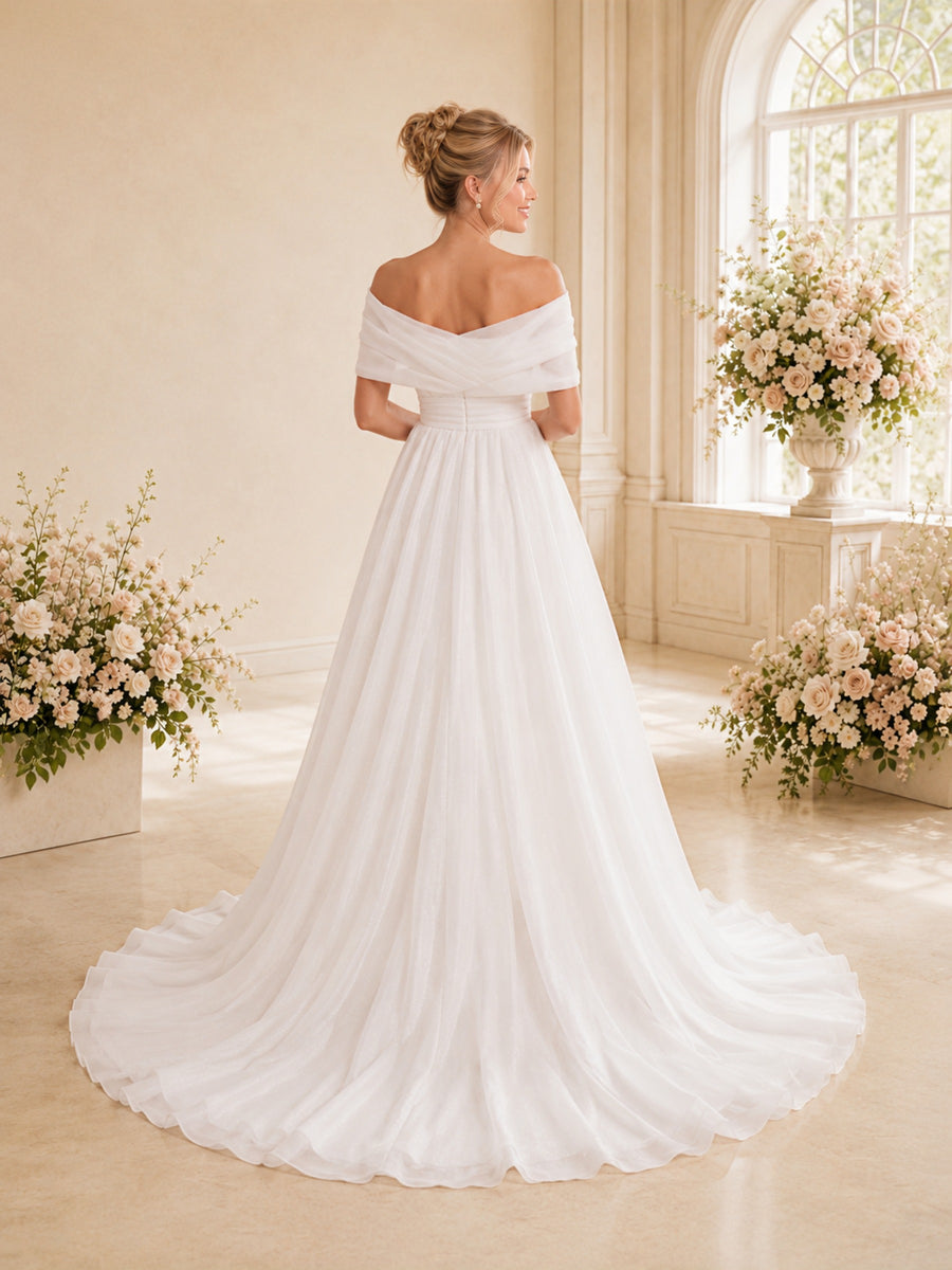 ChicSew Elegant Off The Shoulder Ruching Sleeveless Tulle A-Line Long Wedding Dress