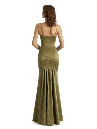 Simple Spaghetti Straps V-Neck Side Slit Mermaid Floral Satin Maxi Floral Formal Dresses For Women