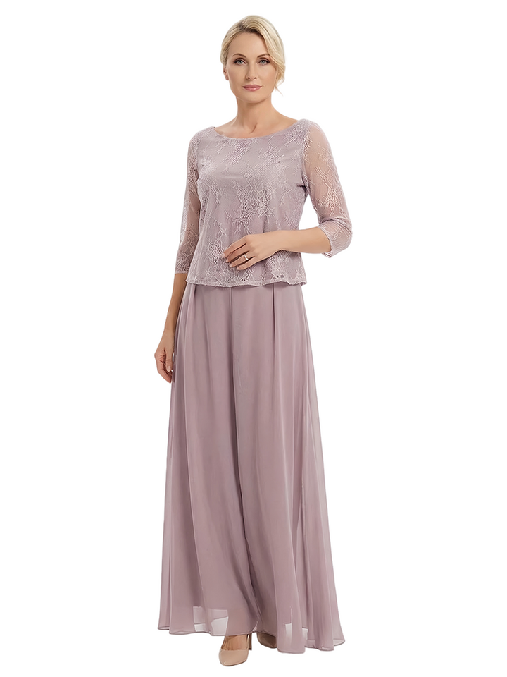 Chicsew Scoop 3/4 Sleeve Two Piece Lace Top Chiffon Modern Mom Of The Groom Dresses