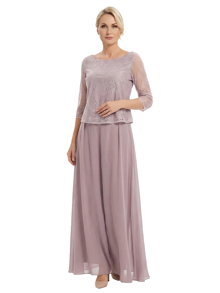 Chicsew Scoop 3/4 Sleeve Two Piece Lace Top Chiffon Modern Mom Of The Groom Dresses