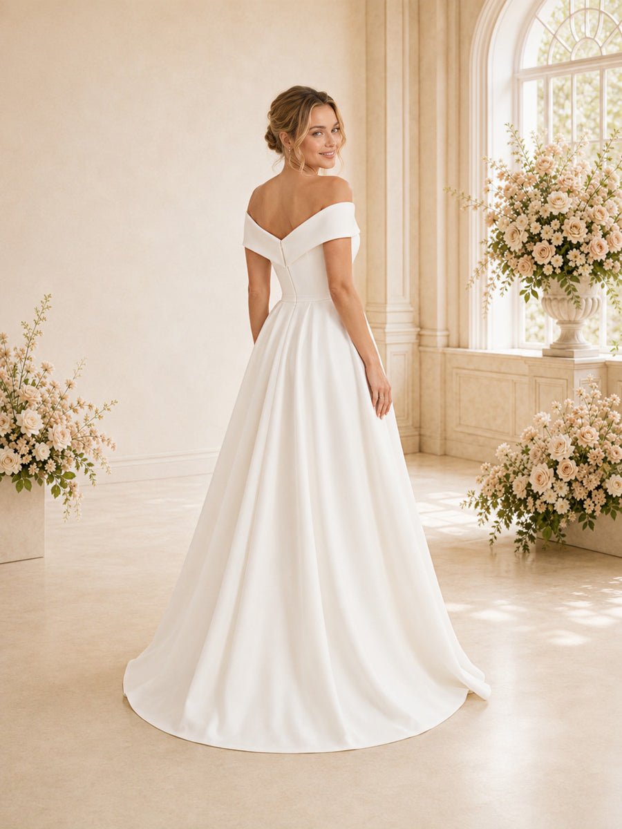 ChicSew Elegant Off Shoulder V-Neck Crepe A-Line Long Wedding Dresses Online