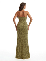 Simple Halter Side Slit Mermaid Floral Satin Maxi Floral Formal Dresses For Women