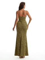 Simple Spaghetti Straps Slit Mermaid Floral Satin Maxi Floral Formal Dresses For Women