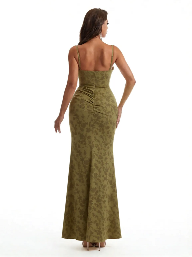 Simple Spaghetti Straps Slit Mermaid Floral Satin Maxi Floral Formal Dresses For Women