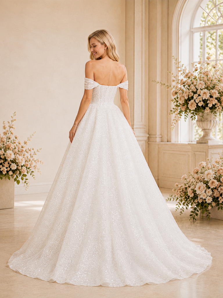 ChicSew Unique Elegant Off The Shoulder Glitter Tulle A-Line Maxi Long Wedding Dress