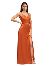 Elegant Spaghetti Straps V-Neck A-Line Soft Satin Simple Floor Length Bridesmaid Dresses