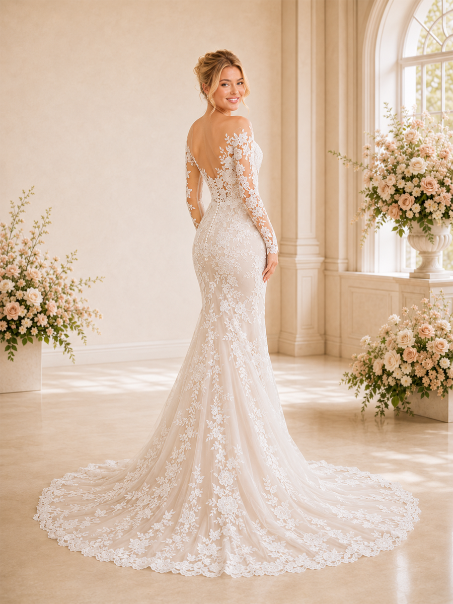 ChicSew Sexy Deep V-Neck Mermaid Lace Long Sleeves Wedding Dress Long Train