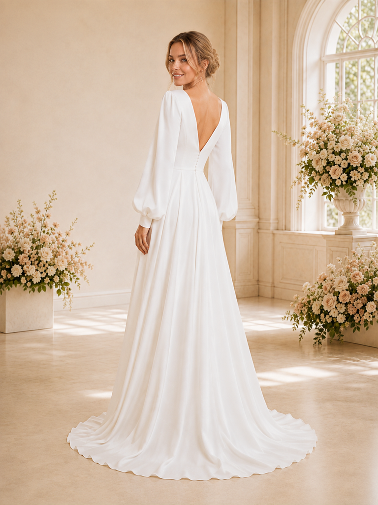 ChicSew Fancy Satin A-Line Deep V-Neck Long Sleeves Pleated Floor-Length Wedding Dress