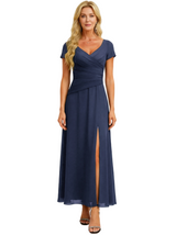 Elegant Chiffon V-Neck Short Sleeves Side Slit A-Line Midi Mother Of The Bride Dresses