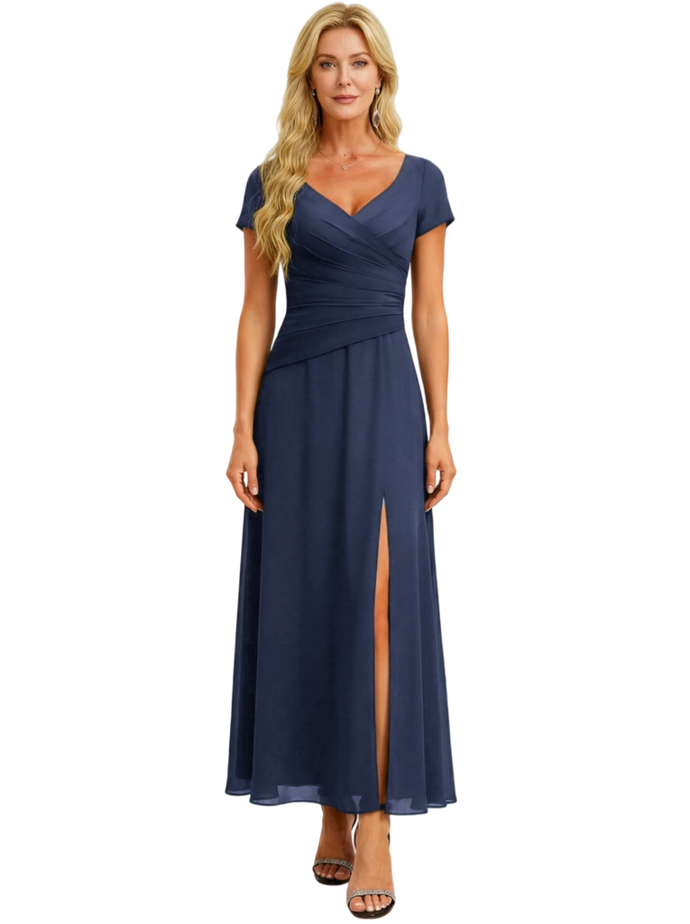 Elegant Chiffon V-Neck Short Sleeves Side Slit A-Line Mother Of The Bride Dresses - ChicSew Elegant Chiffon V-Neck Short Sleeves Side Slit A-Line Mother Of The Bride Dresses - ChicSew