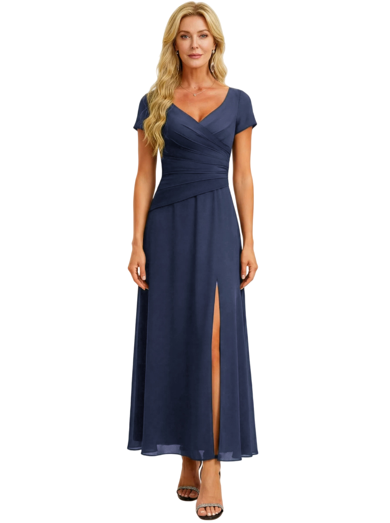 Elegant Chiffon V-Neck Short Sleeves Side Slit A-Line Midi Mother Of The Bride Dresses