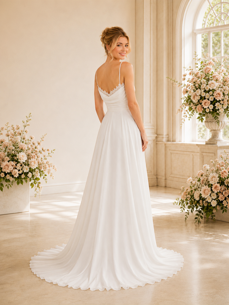 ChicSew Elegant A-Line Spaghetti Straps Ruching Chiffon Long Wedding Dresses