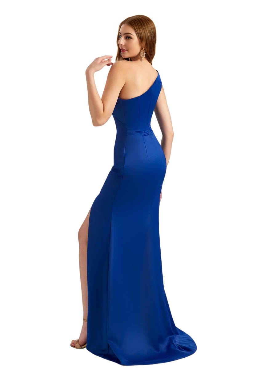 Elegant One Shoulder Silky Satin Side Split Mermaid Unique Long Bridesmaid Dresses Online
