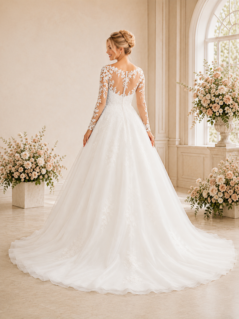 ChicSew Classy V-Neck Long Sleeves Lace Tulle A-Line Maxi Long Wedding Dress