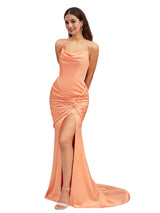 Sexy Mermaid Spaghetti Straps Side Slit Ruched Soft Satin Pretty Long Bridesmaid Dresses