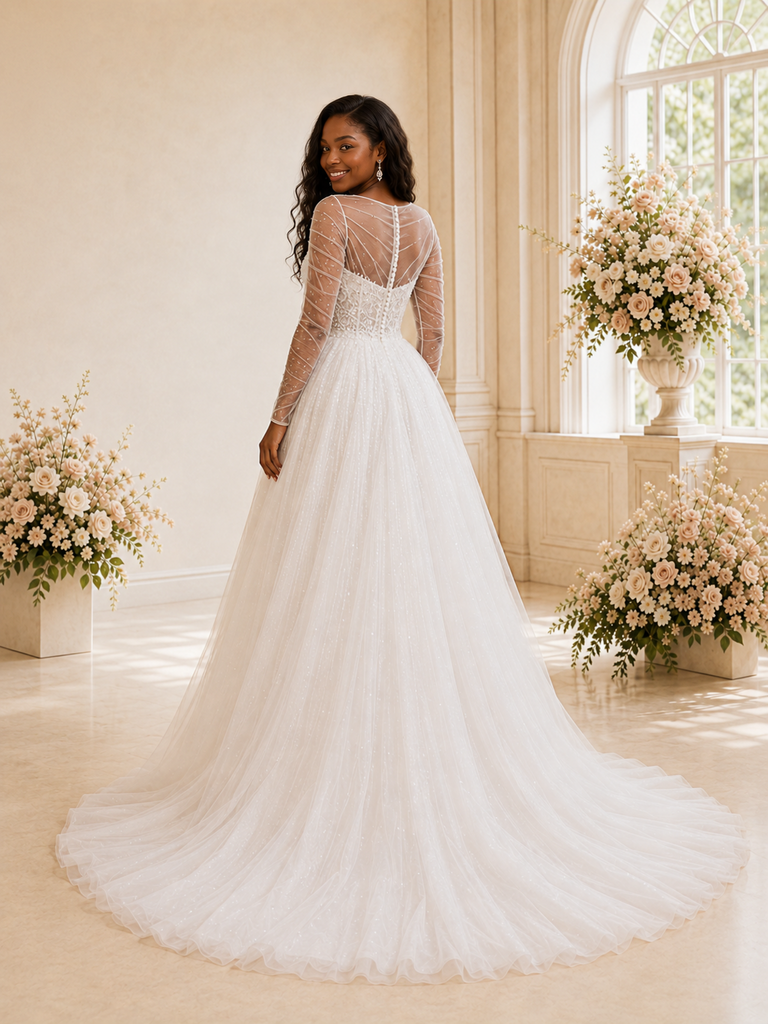 ChicSew Elegant Long Sleeves Tulle Lace A-Line Maxi Wedding Dress With Beading