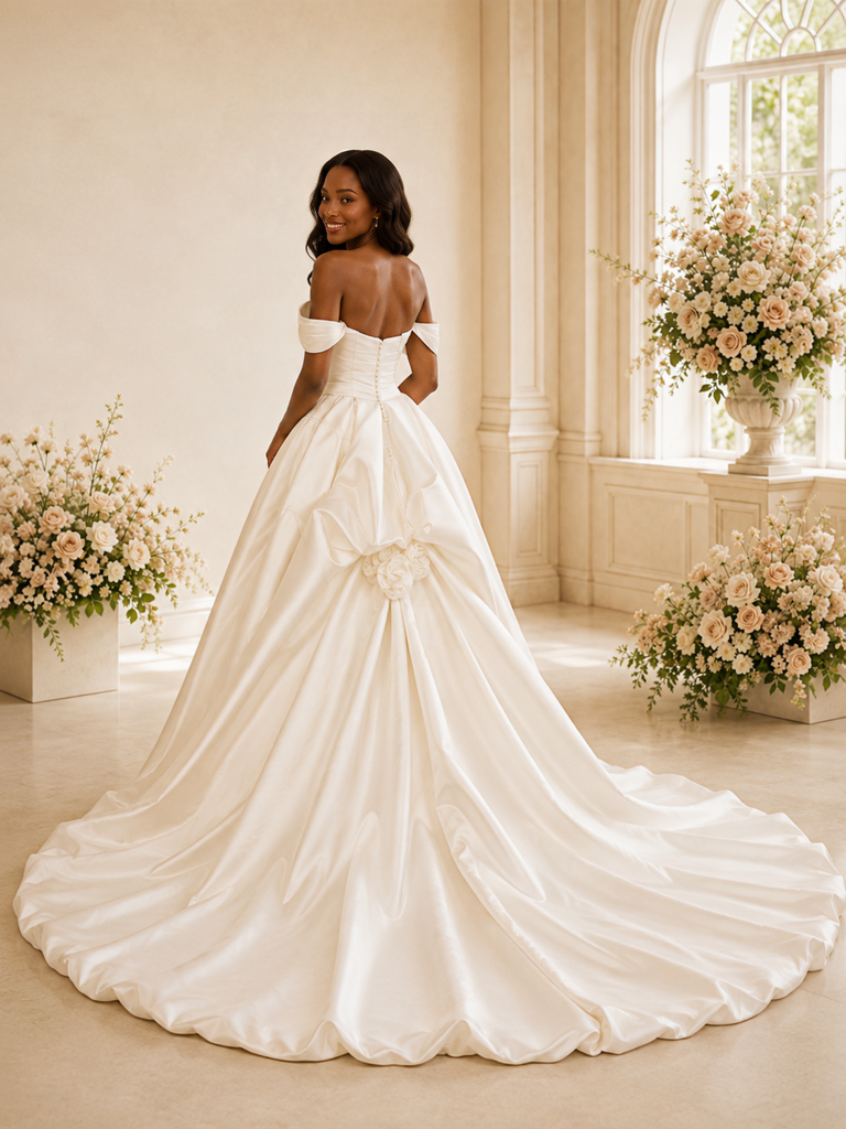 ChicSew Fancy Off The Shoulder Ruched Side Slit A-Line Satin Maxi Wedding Dress