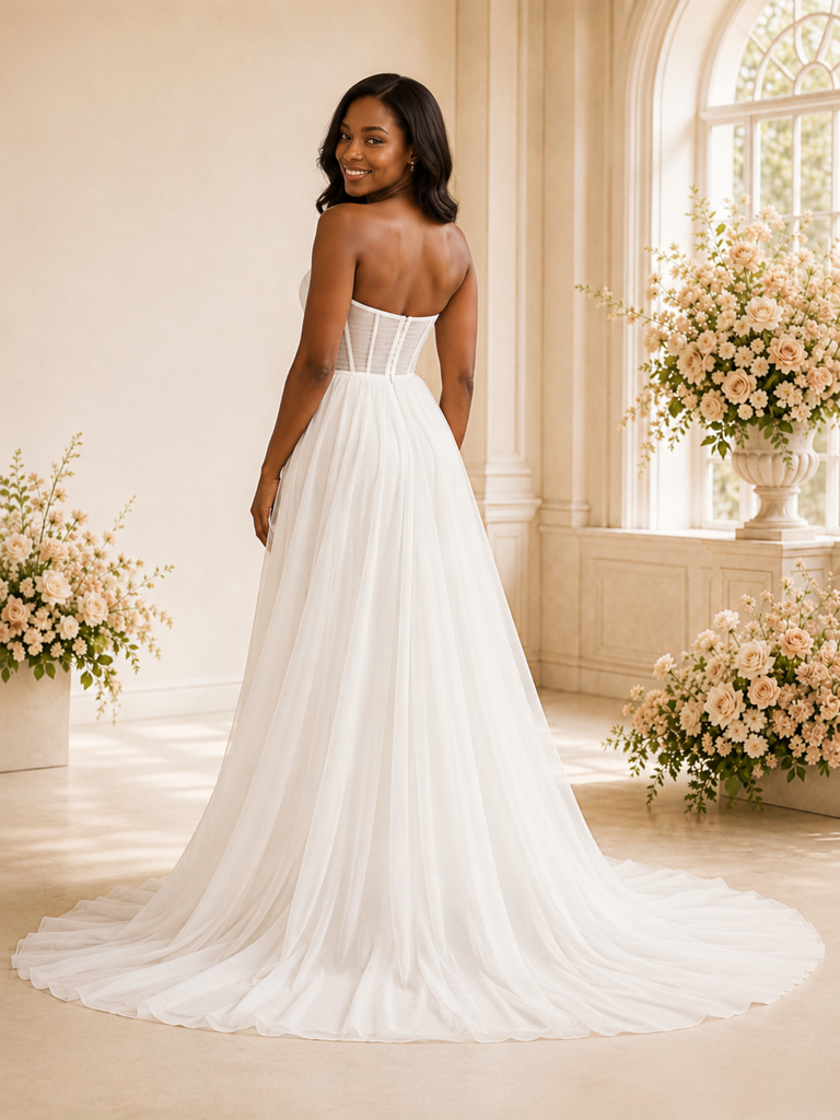 ChicSew Elegant Sweetheart Boning Tulle A-Line Maxi Wedding Dress With Side Slit