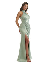 Elegant Mermaid Halter Soft Satin Long Bridesmaid Dresses Slit For Wedding