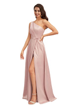 Elegant One Shoulder Side Slit Soft Satin A-Line Long Bridesmaid Dresses Online