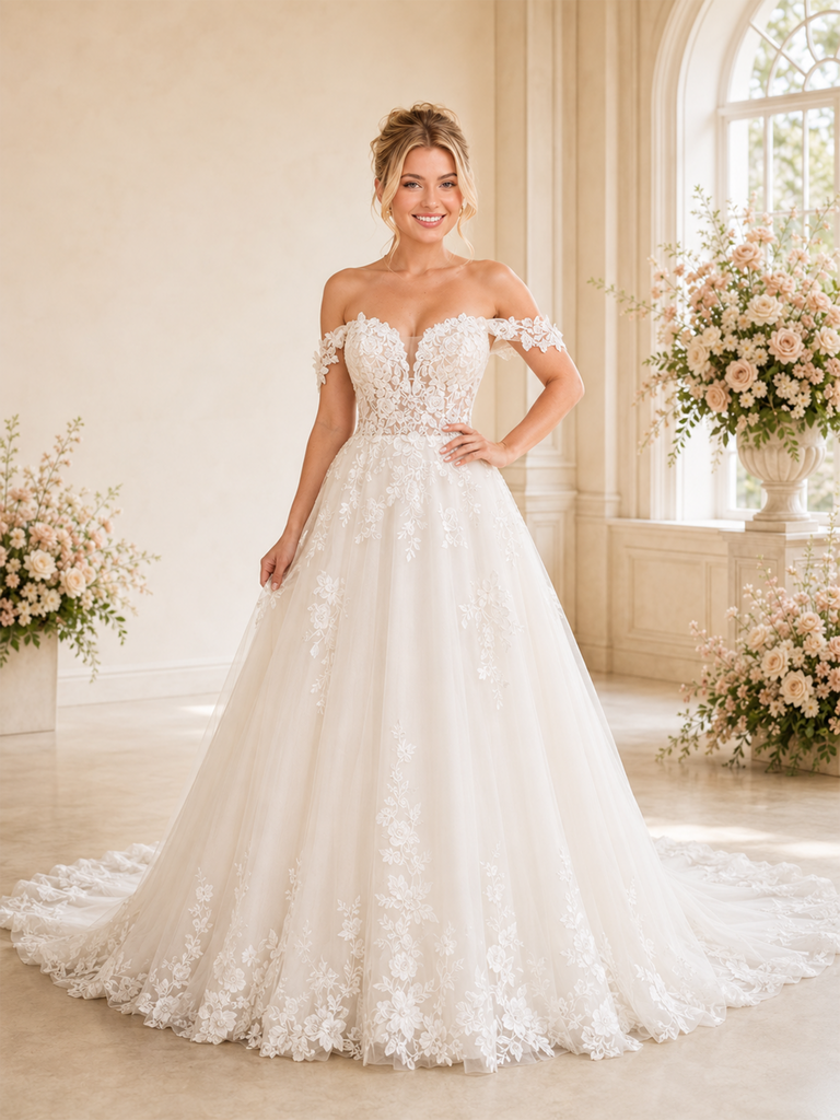 ChicSew Elegant Off The Shoulder A-Line Lace Tulle Long Wedding Dresses