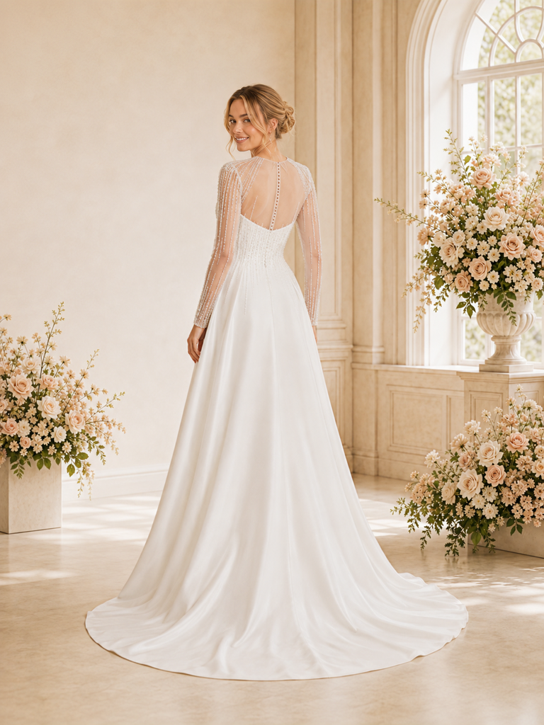 ChicSew Unique Tulle Round Neck Long Sleeves Beaded Satin Mermaid Long Wedding Dress With Overskirt
