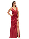 Sexy V-Neck Spaghetti Straps Side Slit Open Back Mermaid Soft Satin Long Bridesmaid Dresses