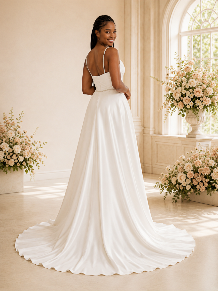 ChicSew Fancy Unique Mermaid Satin Spaghetti Straps Side Slit Wedding Dress With Overskirt