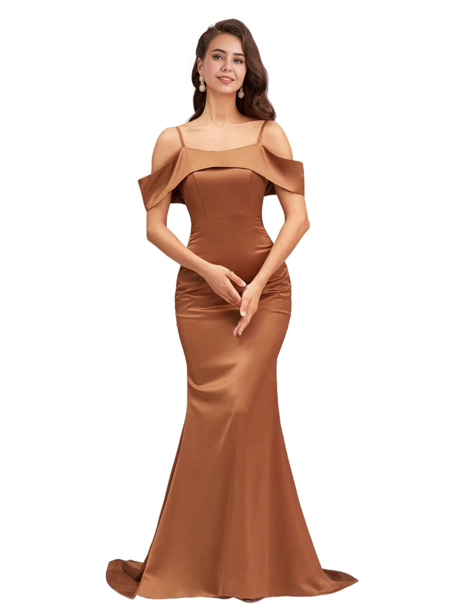 Sexy Cold Shoulder Soft Satin Mermaid Long Bridesmaid Dresses Online