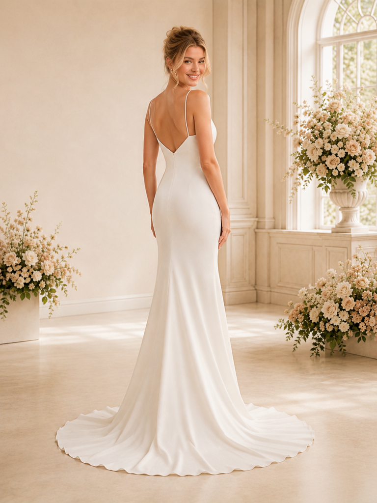 ChicSew Fancy V-Neck Spaghetti Straps Satin Mermaid Floor-Length Wedding Dress