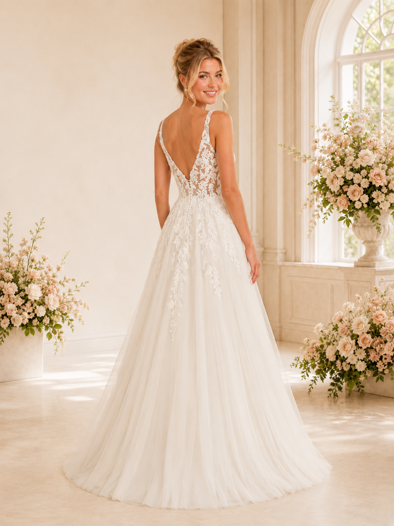 ChicSew Sexy V-Neck Lace Tulle Sleeveless A-Line Floor-Length Wedding Dresses