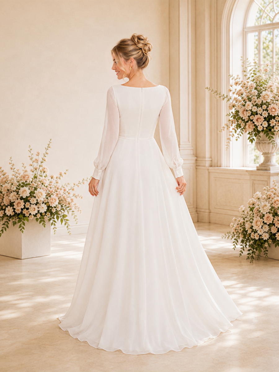 ChicSew Elegant Bateau Long Sleeves Chiffon A-Line Floor-Length Wedding Dresses