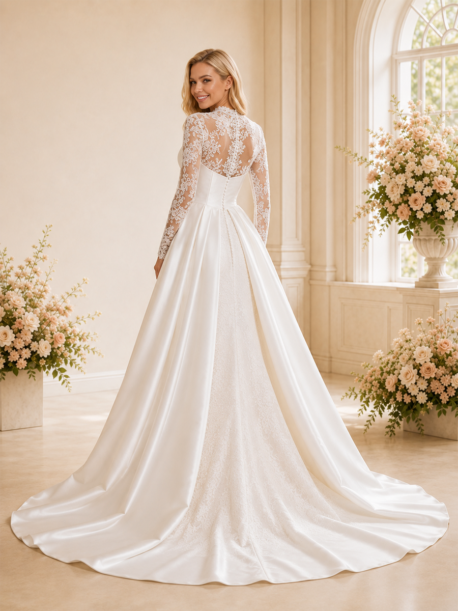 ChicSew Classic High Neck Satin Mermaid Long Sleeves Lace Applique Maxi Wedding Dresses With Overskirt