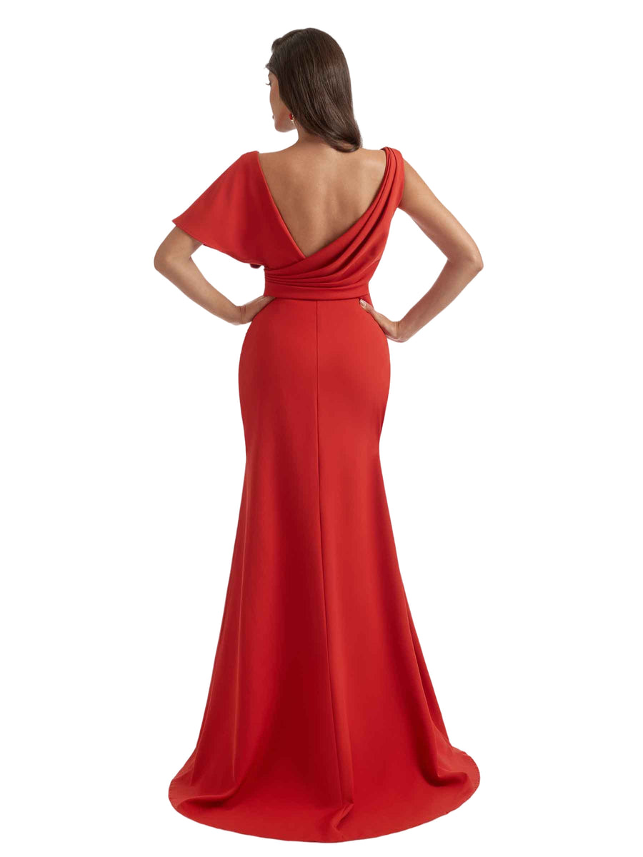 Sexy Asymmetric V-Neck Mermaid Side Slit Crepe Long Bridesmaid Dress For Wedding