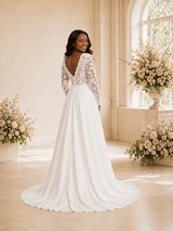 ChicSew Elegant Unique V-Neck Long Sleeves Lace Chiffon A-Line Maxi Wedding Dress