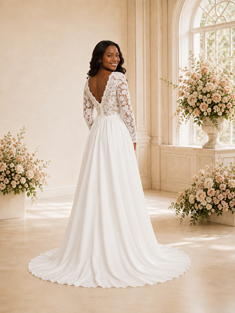 ChicSew Elegant Unique V-Neck Long Sleeves Lace Chiffon A-Line Maxi Wedding Dress
