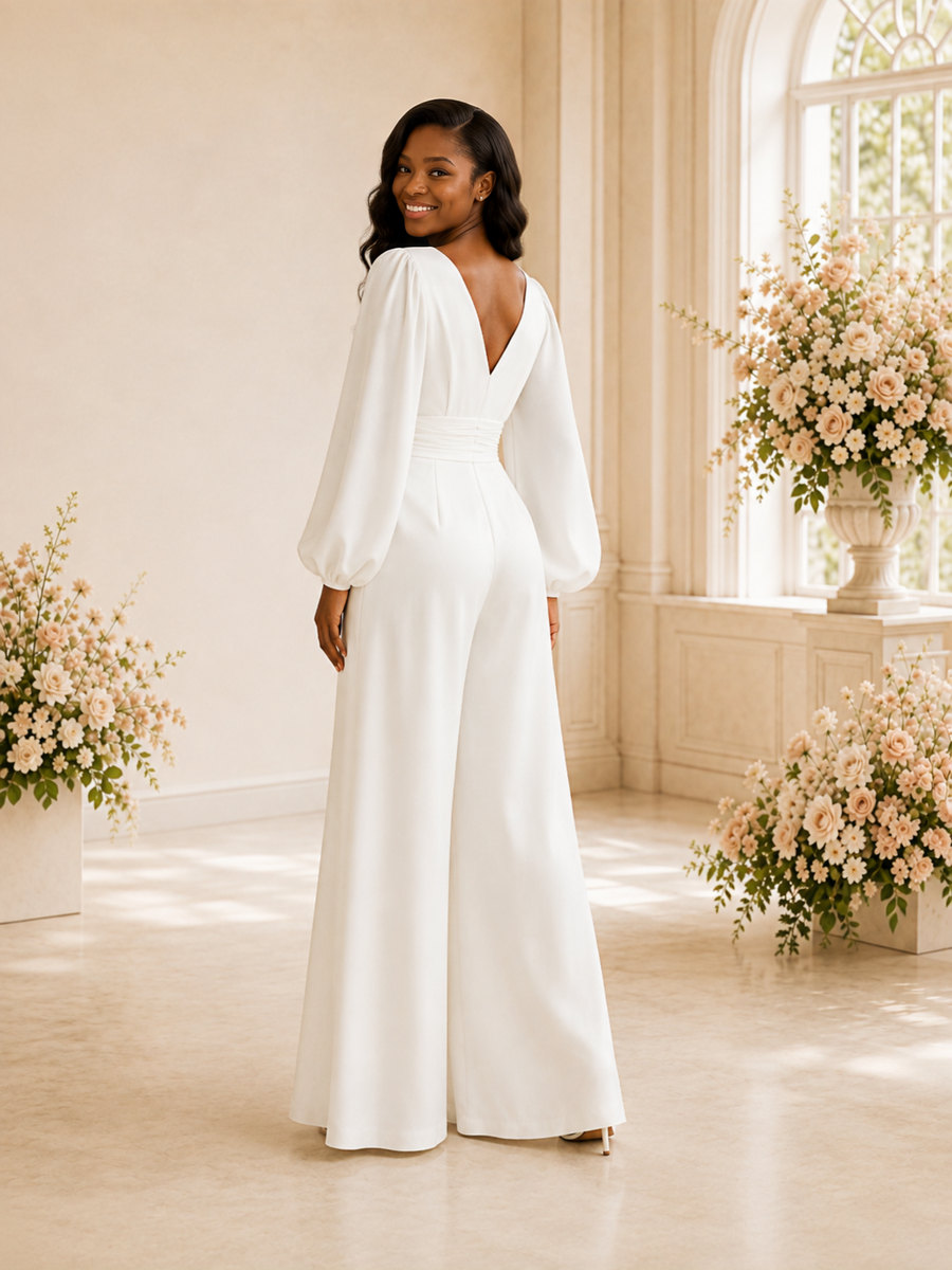 ChicSew Elegant V-Neck Crepe Long Sleeves Floor-Length Wedding Jumpsuit