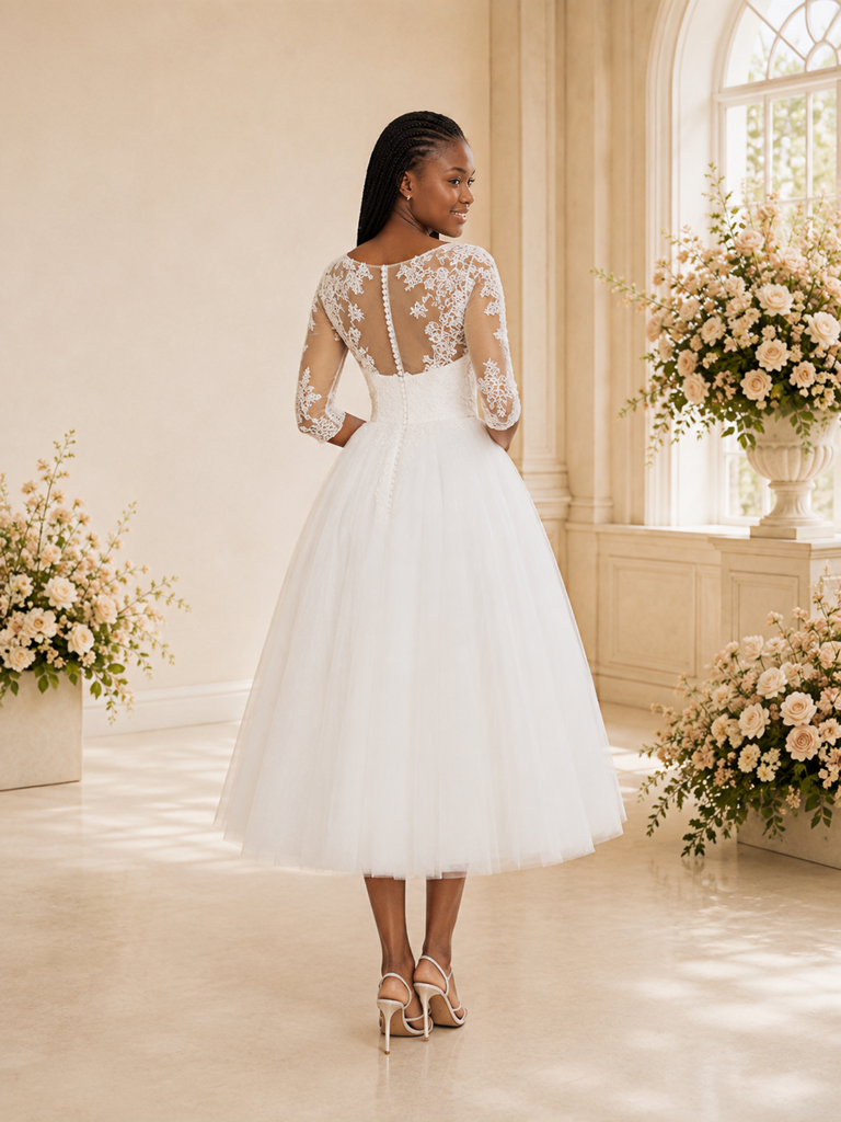 ChicSew Elegant A-Line Illusion 3/4 Sleeves Lace Appliques Tulle Tea-Length Wedding Dress