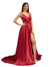 Sexy V-Neck Spaghetti Straps A-Line Side Slit Soft Satin Formal Long Bridesmaid Dresses